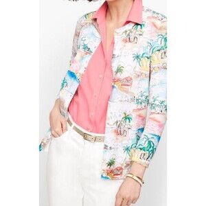 Talbots Petite L Beach Landscape Cotton Cardigan Sweater Top Lightweight